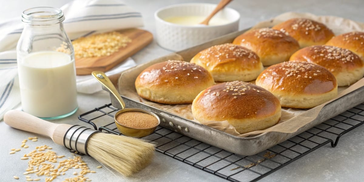 A freshly baked tray of hamburger buns