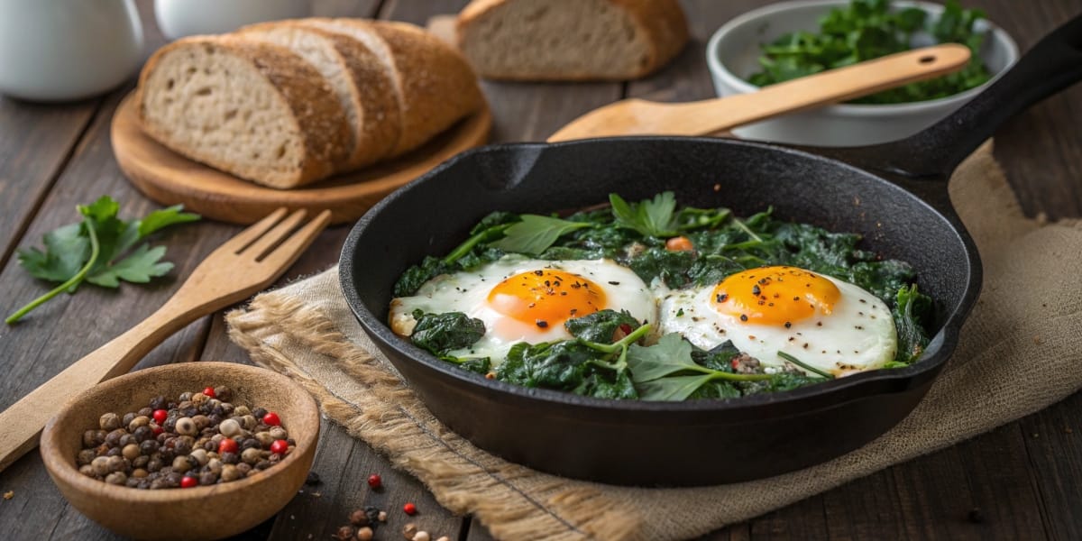 Sautéed Spinach and Eggs in a Rustic Skillet