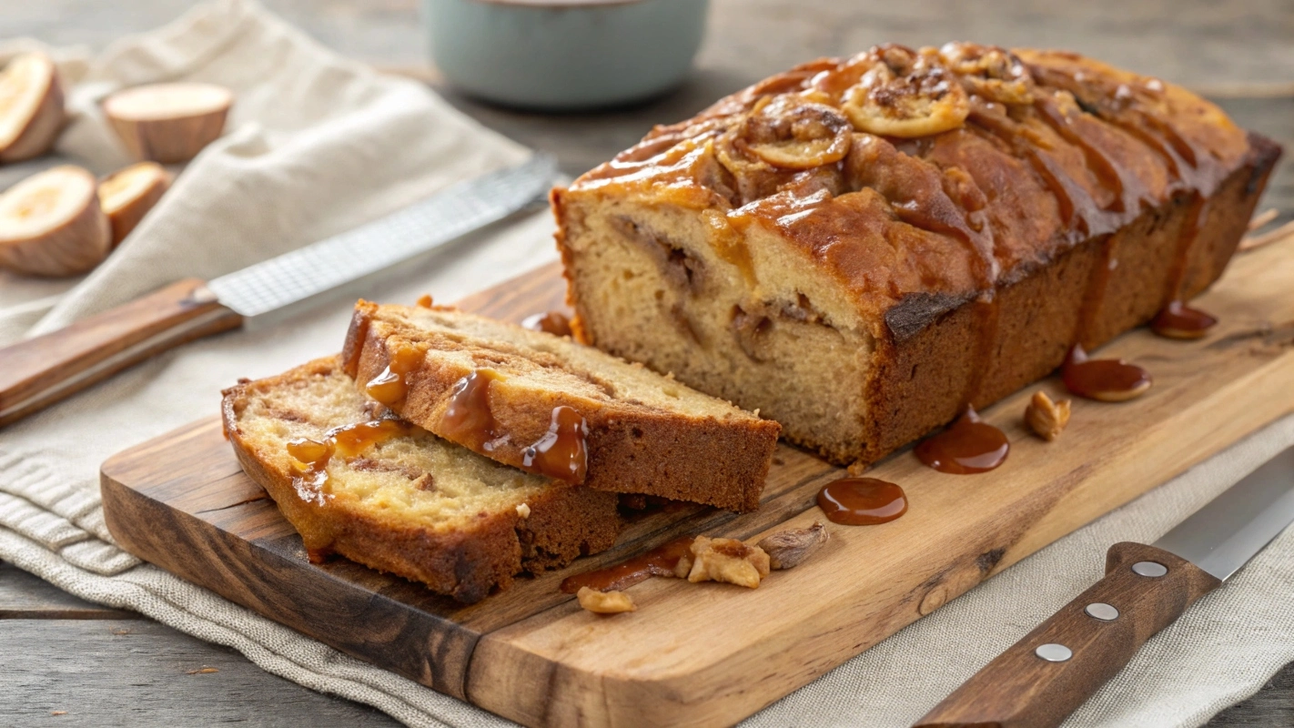 a golden-brown caramel banana bread loaf