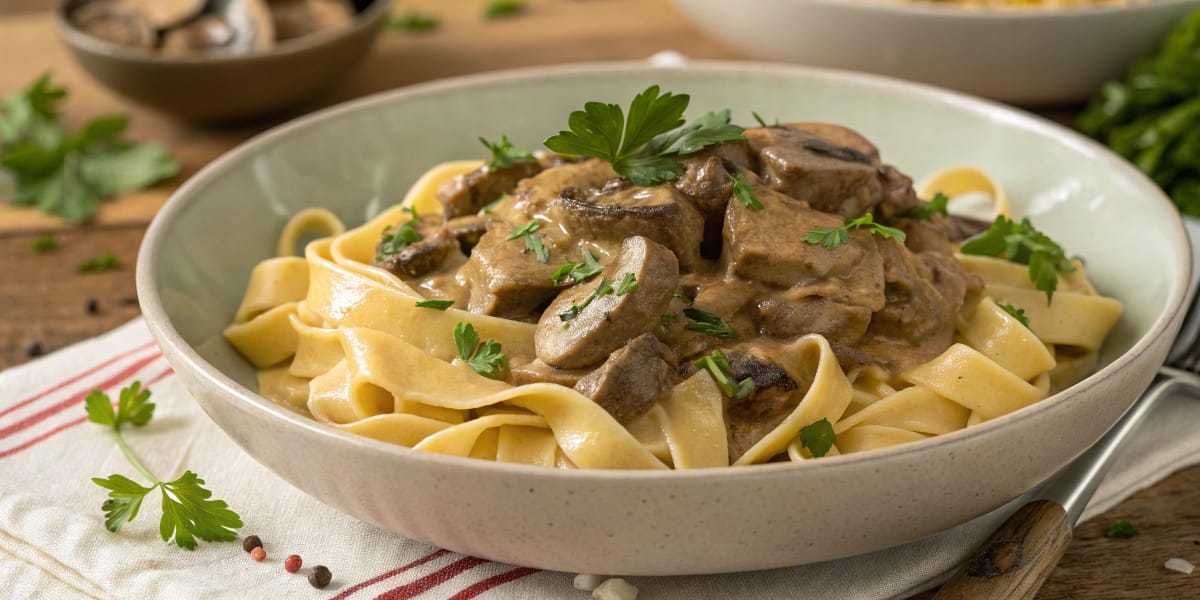 A creamy vegetarian beef stroganoff