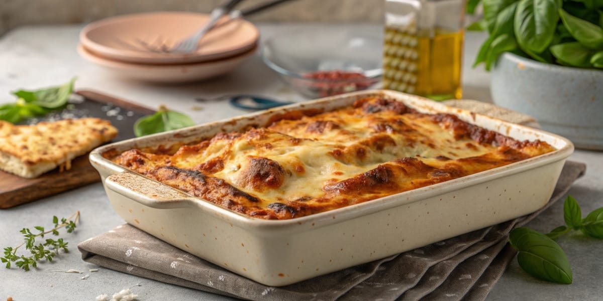 Lasagna Being Assembled in a Baking Dish