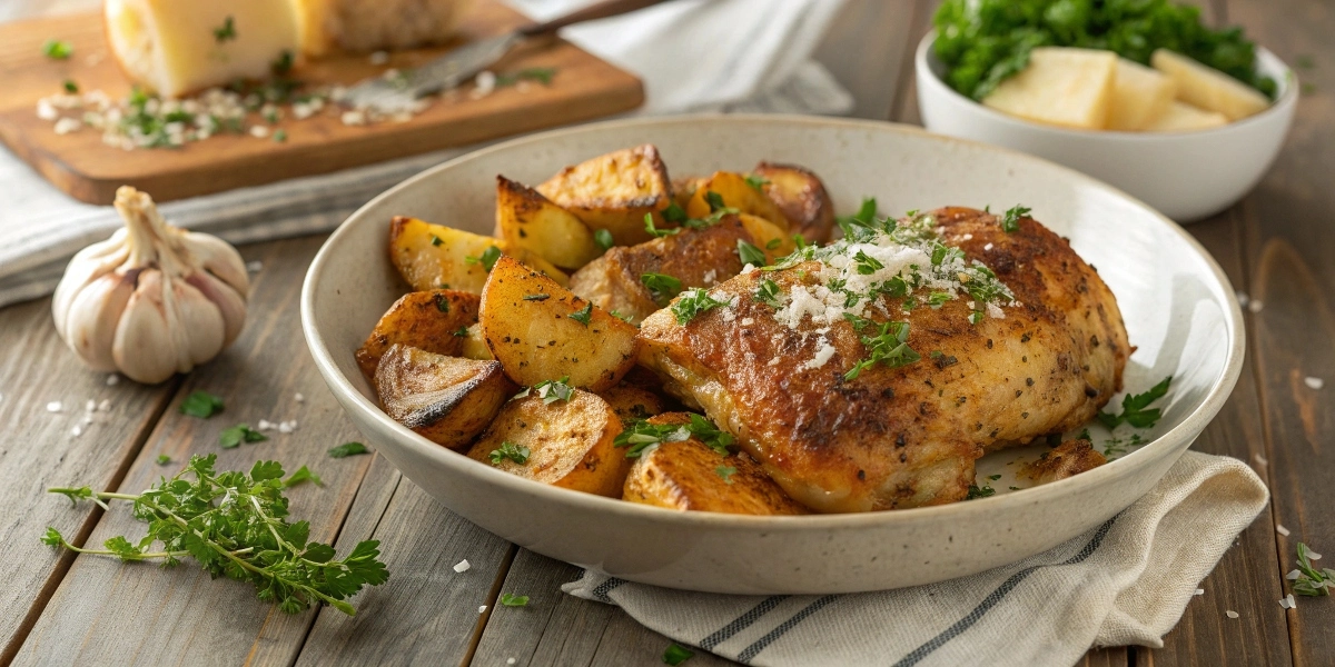 Garlic Parmesan Chicken and Potatoes in a Rustic Setting