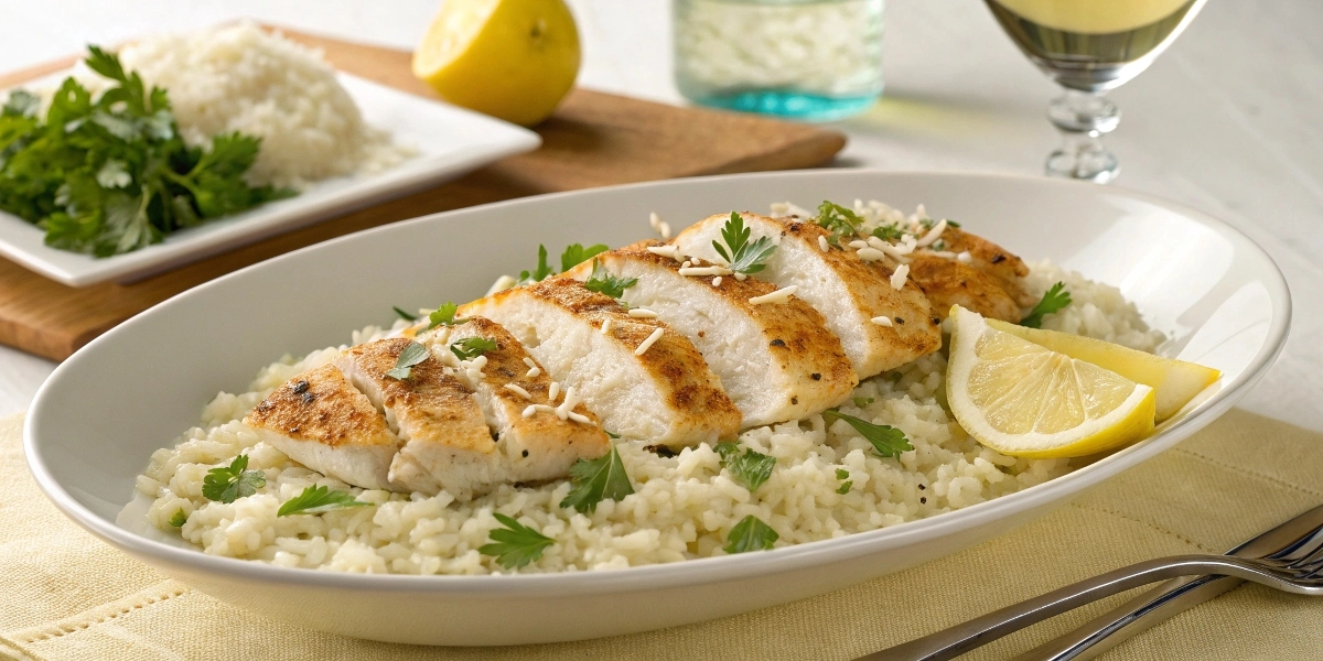 Plated Chicken Scampi with Garlic Parmesan Rice