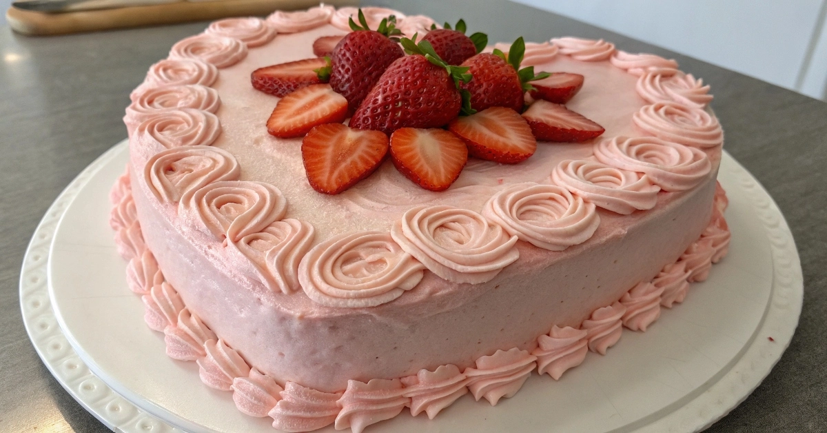 heart cake with pink frosting and strawberries