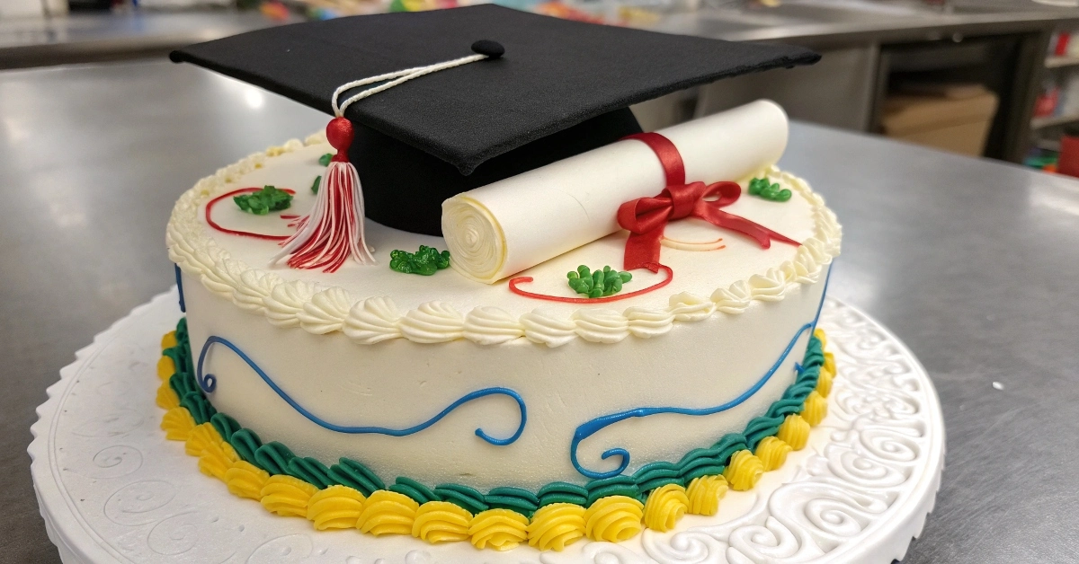 Stunning graduation cake with a cap and diploma topper.