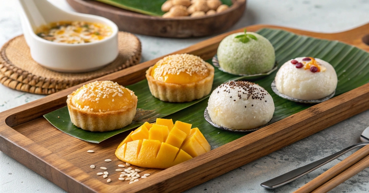 A variety of traditional Asian desserts on a serving tray