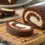 Chocolate Swiss roll with creamy filling.