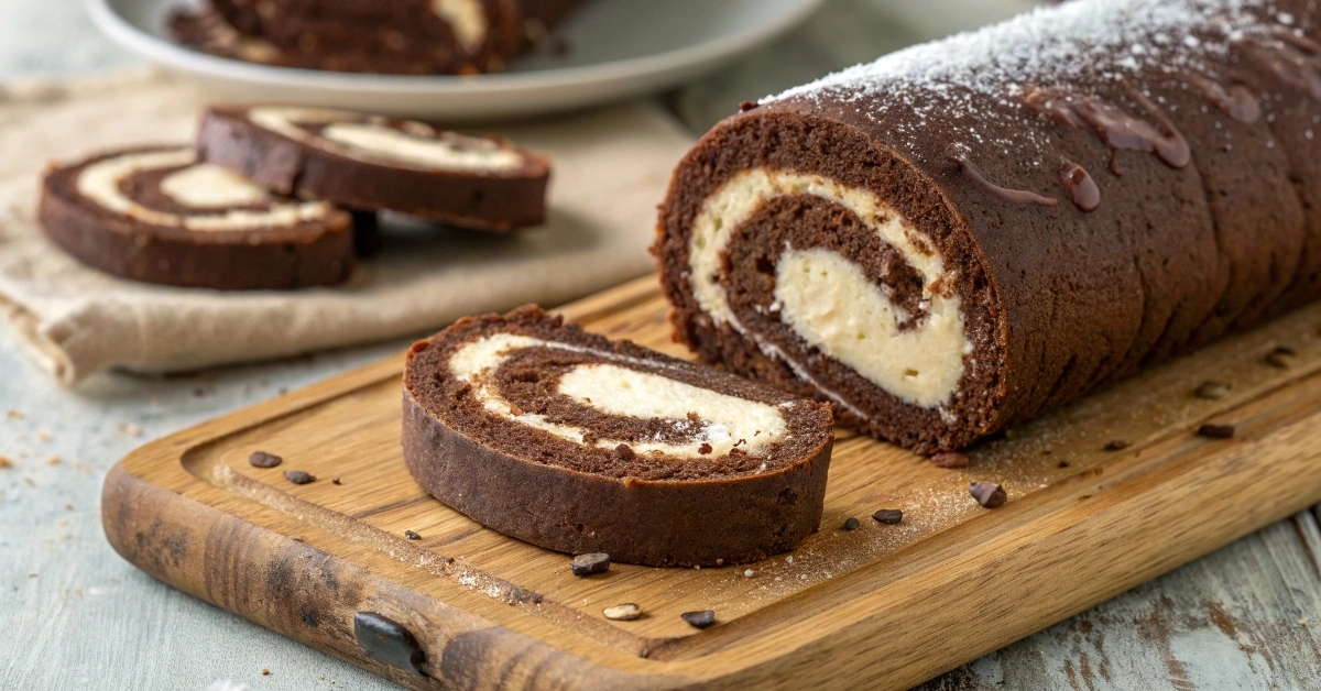 Chocolate Swiss roll with creamy filling.