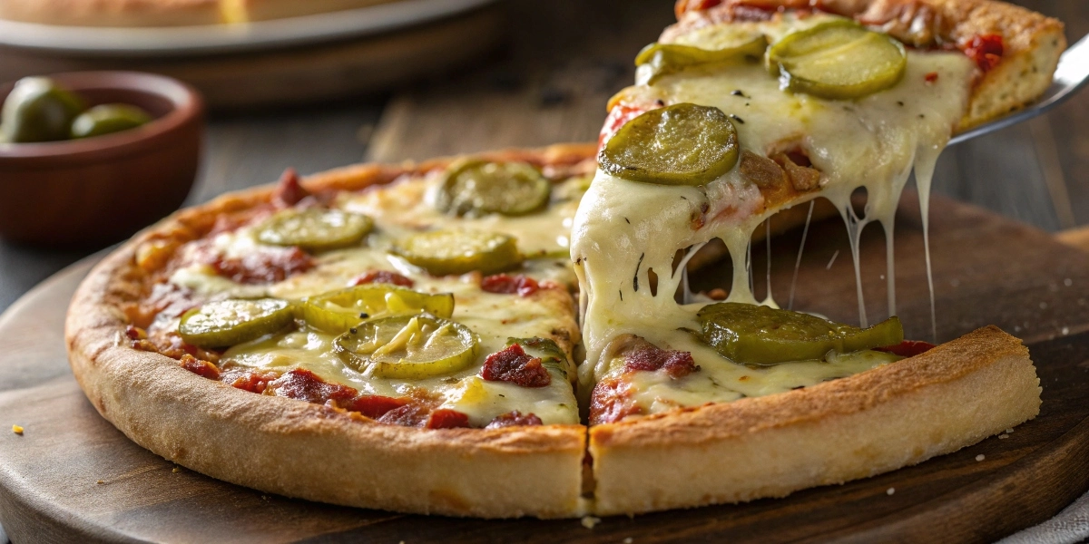 Delicious pickle pie pizza with melted cheese and crispy crust